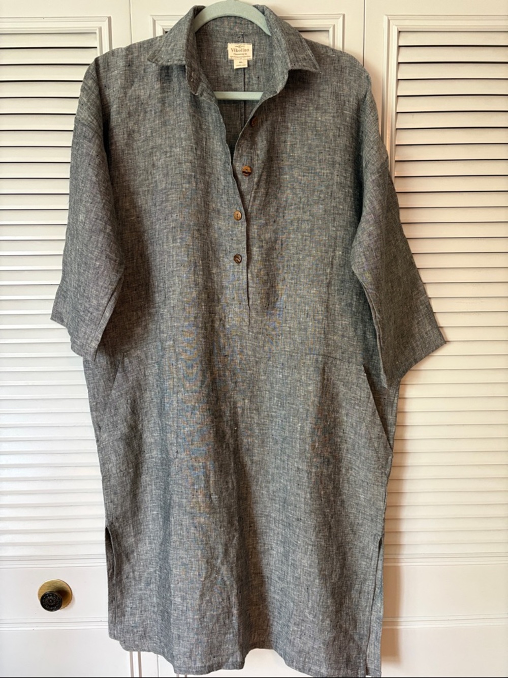 100% Linen Vikolino Weekend Linen Tunic Shirt Dress in Heather Gray Sz M/L